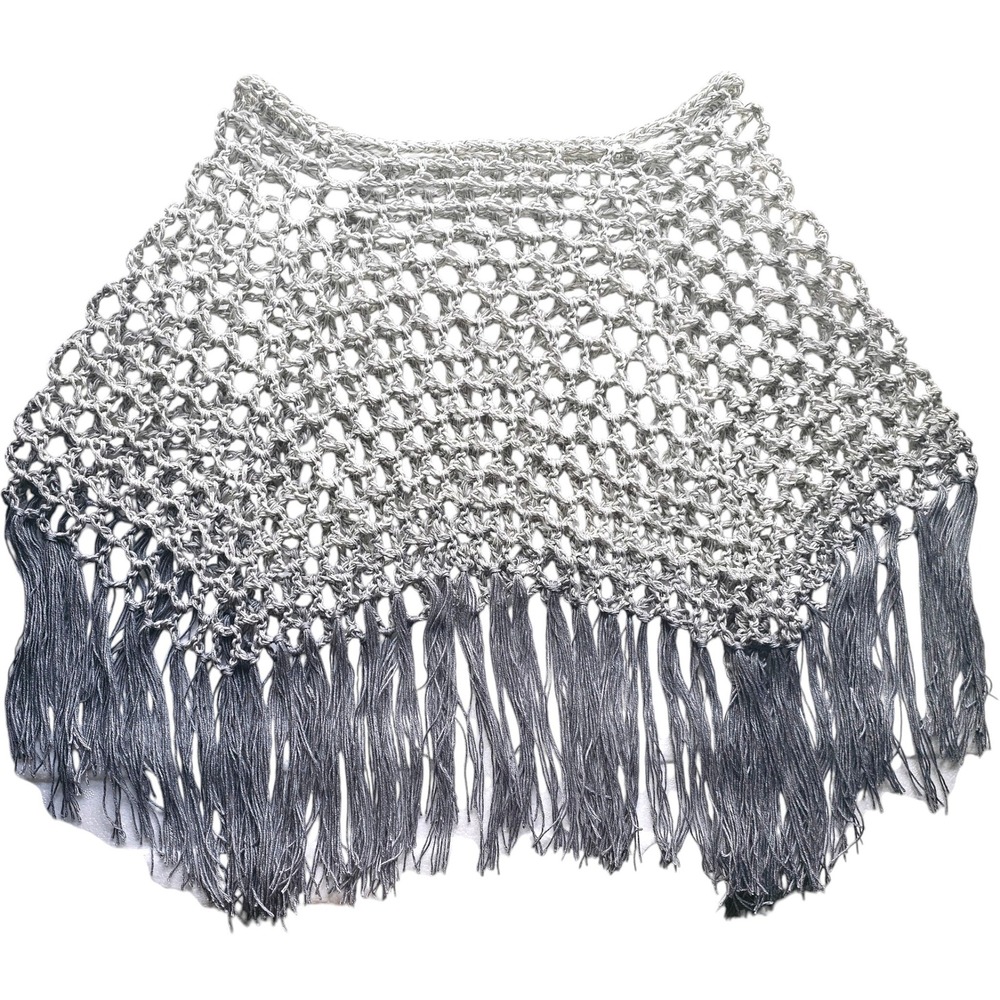 Handmade Crochet Shawl Women Gray Ombre Fringe Cotton Boho Poncho - Picture 10 of 10